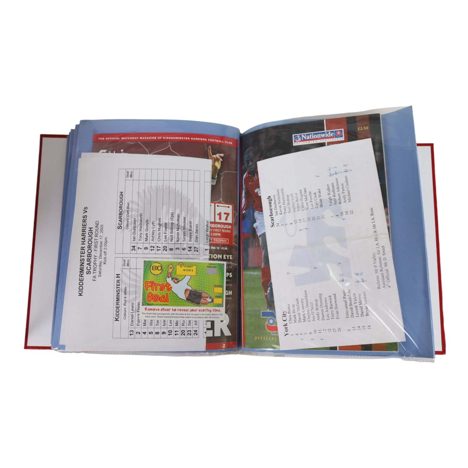 Comprehensive collection of approximately two hundred and thirty Scarborough FC football programmes for the 2003/04, 2004/05, 2005/06 and 2006/07 seasons, all filed within eight dedicated Scarborough FC red Home and Away binders