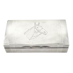 Silver table cigarette/cigar box, engine turned decoration, the lid engraved with a horses head, cartouche dated '3rd May 1952', by A Wilcox, Birmingham 1950