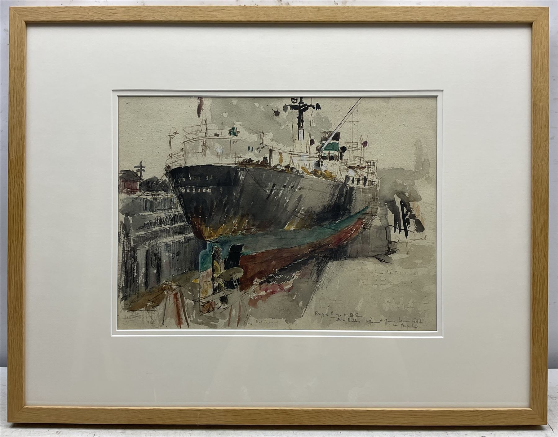 Allanson Hick (British 1898-1975): Ship in Dry Dock, watercolour, extensively inscribed and annotated in the artist's hand 30cm x 40cm