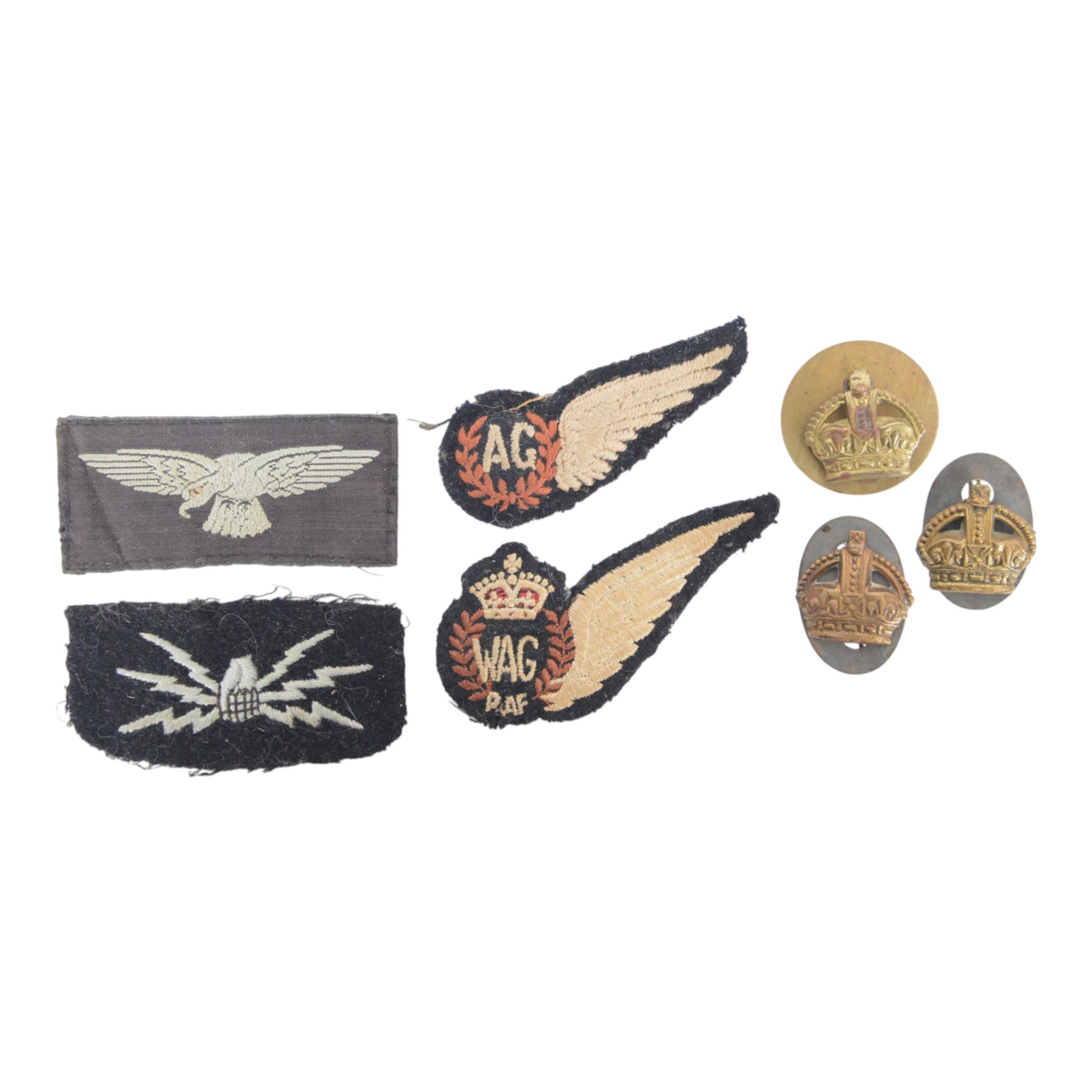 RAF scarce cloth embroidered Wireless Operator Air Gunner brevet and Air Gunner, together with wireless operator patch, eagle shoulder patch and three flight sergeant crowns 