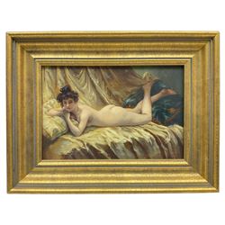 M Hernandez (French School 20th century): Nude Portrait of a Reclining Rococo Woman, oil on board signed 18cm x 27cm