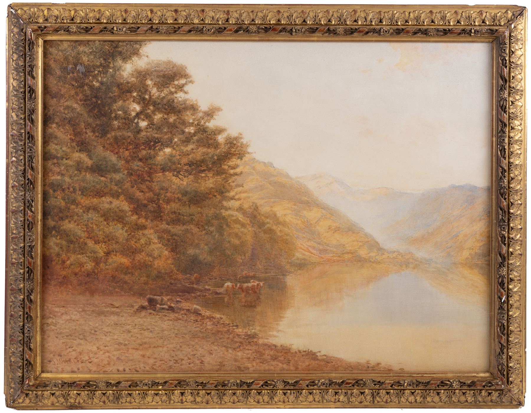 James Whaite (British 1881-1916): Cattle near the Stream, watercolour signed, in gilt frame 46cm x 62cm