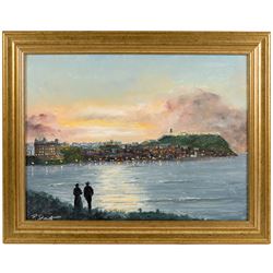 Robert Sheader (British 20th century): Scarborough Harbour at Dusk, oil on board signed 29.5cm x 39cm