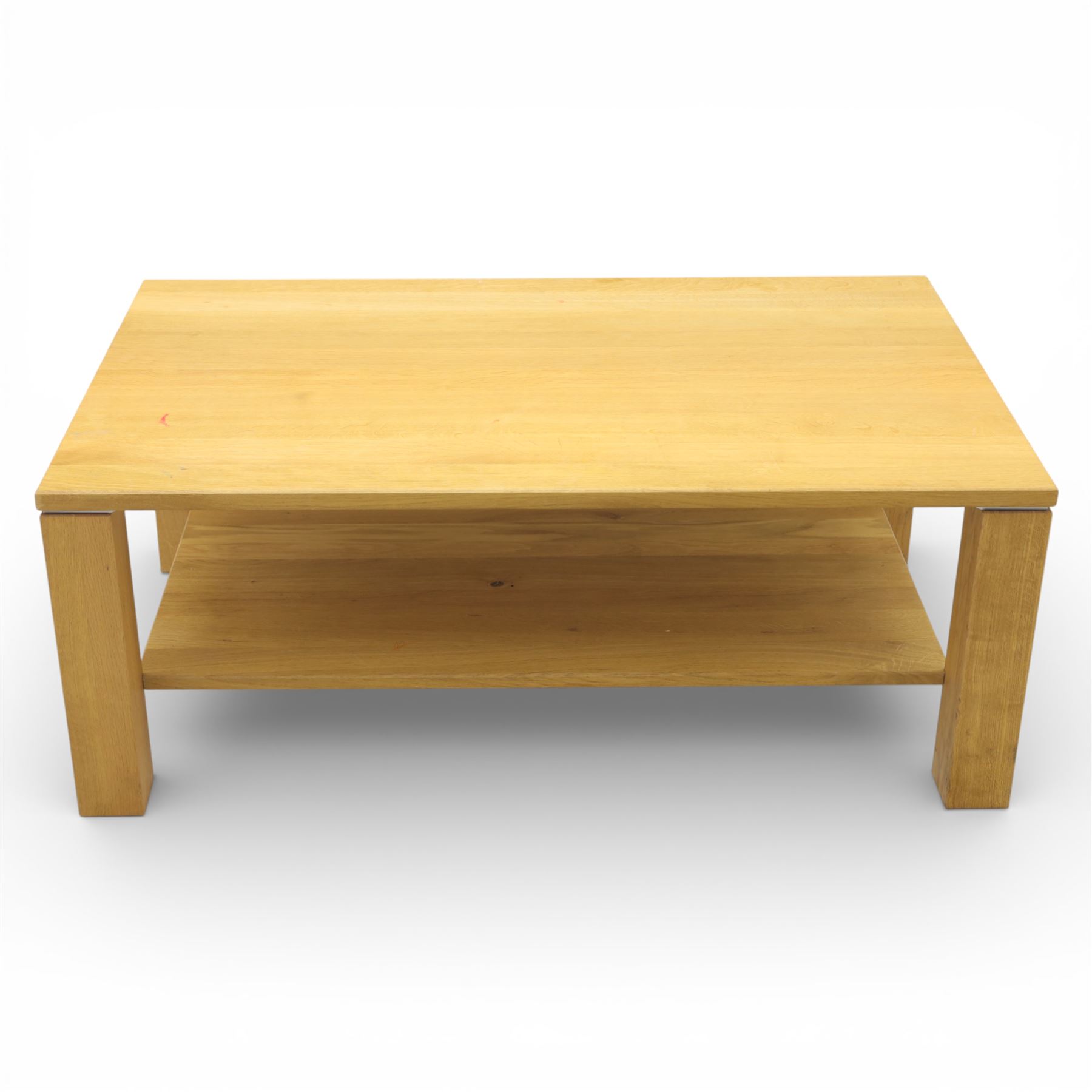 Modern solid oak coffee table, square supports united by full length under tier, raised on castors