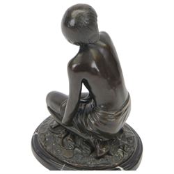 Art Deco style bronze study of a kneeling semi-nude female, after  Amadeo Gennarelli with signature to base, upon a black marble effect plinth, H23cm