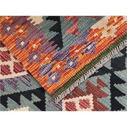 Afghan Maimana Kilim flatweave runner, handwoven with a deep teal ground showcasing a vibrant multicoloured diamond-lattice design in the traditional Maimana style, enclosed by stylised borders and finished with fringed edges 