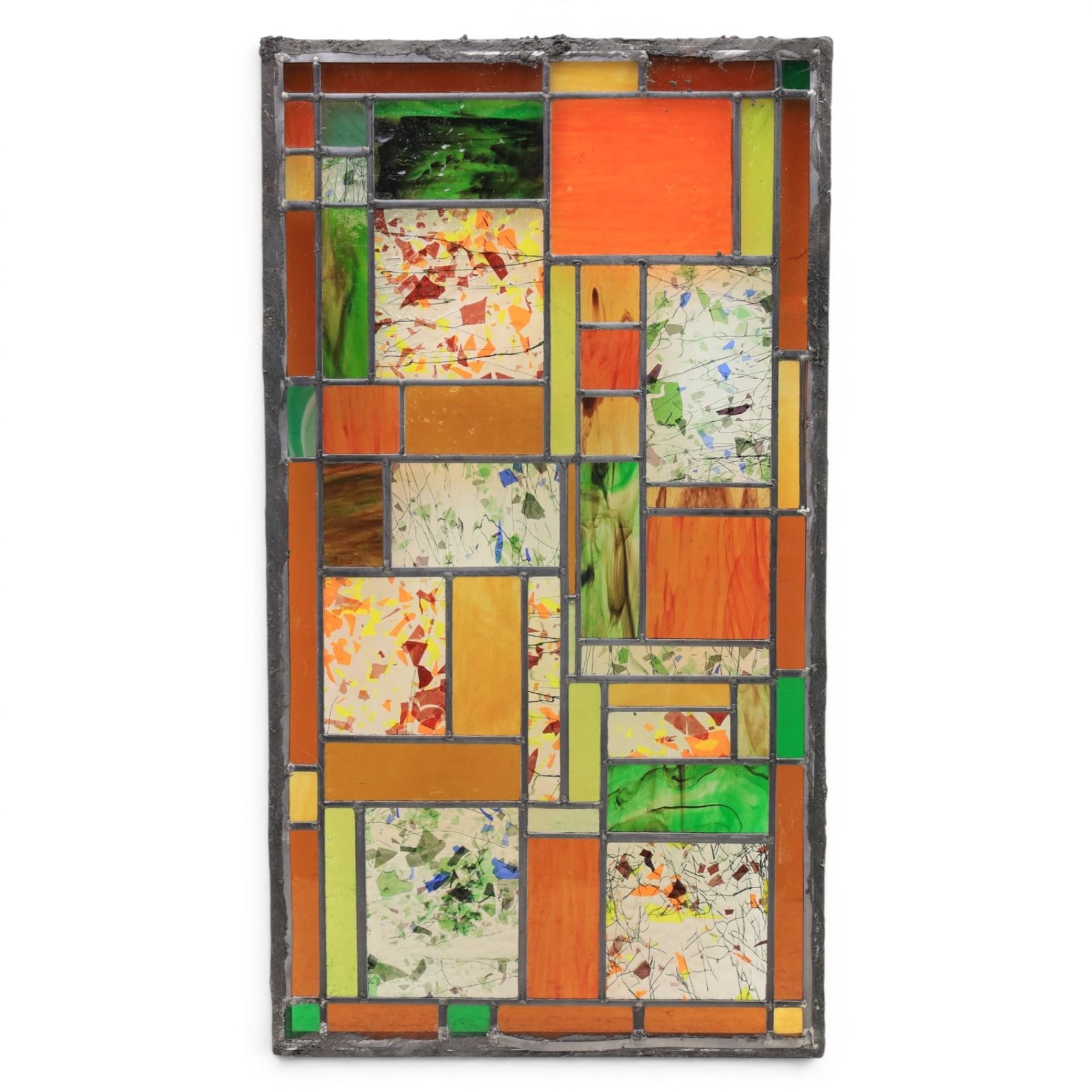Valerie Green - 21st century stained glass and leaded panel, in green, orange and yellow colourways   