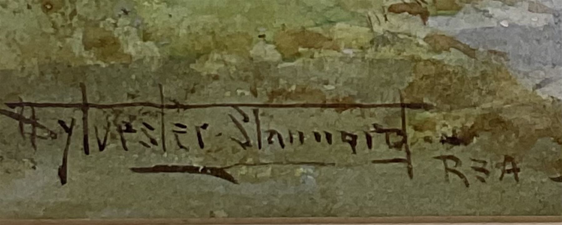 Henry John Sylvester Stannard (British 1870-1951): 'Who'll Buy?' Gypsy Girl at a Thatched Cottage Gate, watercolour signed and titled 24cm x 17cm