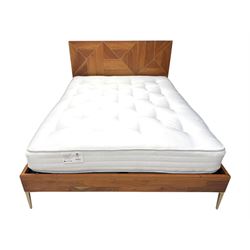 Barker & Stonehouse - contemporary chestnut king size bed frame, with geometric inlaid headboard and brass detailing, slatted base and tapered brass effect legs, together with Dreams ‘Reynolds 1000’ pocket sprung mattress