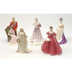 A group of five Coalport figurines, comprising limited edition HM Queen Elizabeth II 70th Birthday, 31/500, limited edition Queen Elizabeth, The Queen Mother 445/7500, limited edition Queen Elizabeth, The Queen Mother 5507/7500, limited edition Her Majesty Queen Elizabeth The Queen Mother 1900-2002, 41/350, with accompanying certificate, and limited edition HM Queen Elizabeth II & HRH Prince Philip the Duke of Edinburgh 1947-1997, 48/250, with five boxes.