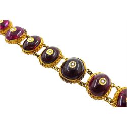 Victorian gold garnet and pearl bracelet, nine graduating cabochon garnets in a foil back setting, each set with a seed pearl, in a fitted velvet and silk lined box