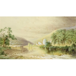 'Langdale' and Fishing on the River, two 19th/20th century watercolours signed H. Newton, Valley Bridge, Scarborough, 19th century watercolour unsigned and three other prints max 25cm x 27cm (6)  