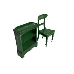 Victorian side chair on turned front supports (W51cm, H93cm), and an early 20th century bookcase, fitted with single shelf, on shaped plinth base with foliate carved moulding (W64cm, H80cm, D20cm), both in green painted finish with Neo-Classical design decoration