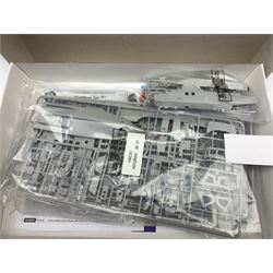 Airfix 1/350th scale model kit of HMS Illustrious, in factory sealed box; Airfix 1/72nd scale model kit of RNLI Severn Class Lifeboat with RAF Westland Sea King Helicopter; and Minicraft Model Kits 1/350th scale model of R.M.S. Titanic; both in factory sealed transparent packaging in boxes (3)