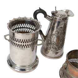 Silver plated twin handled bottle holder bottle, together with another bottle coaster and other plated items