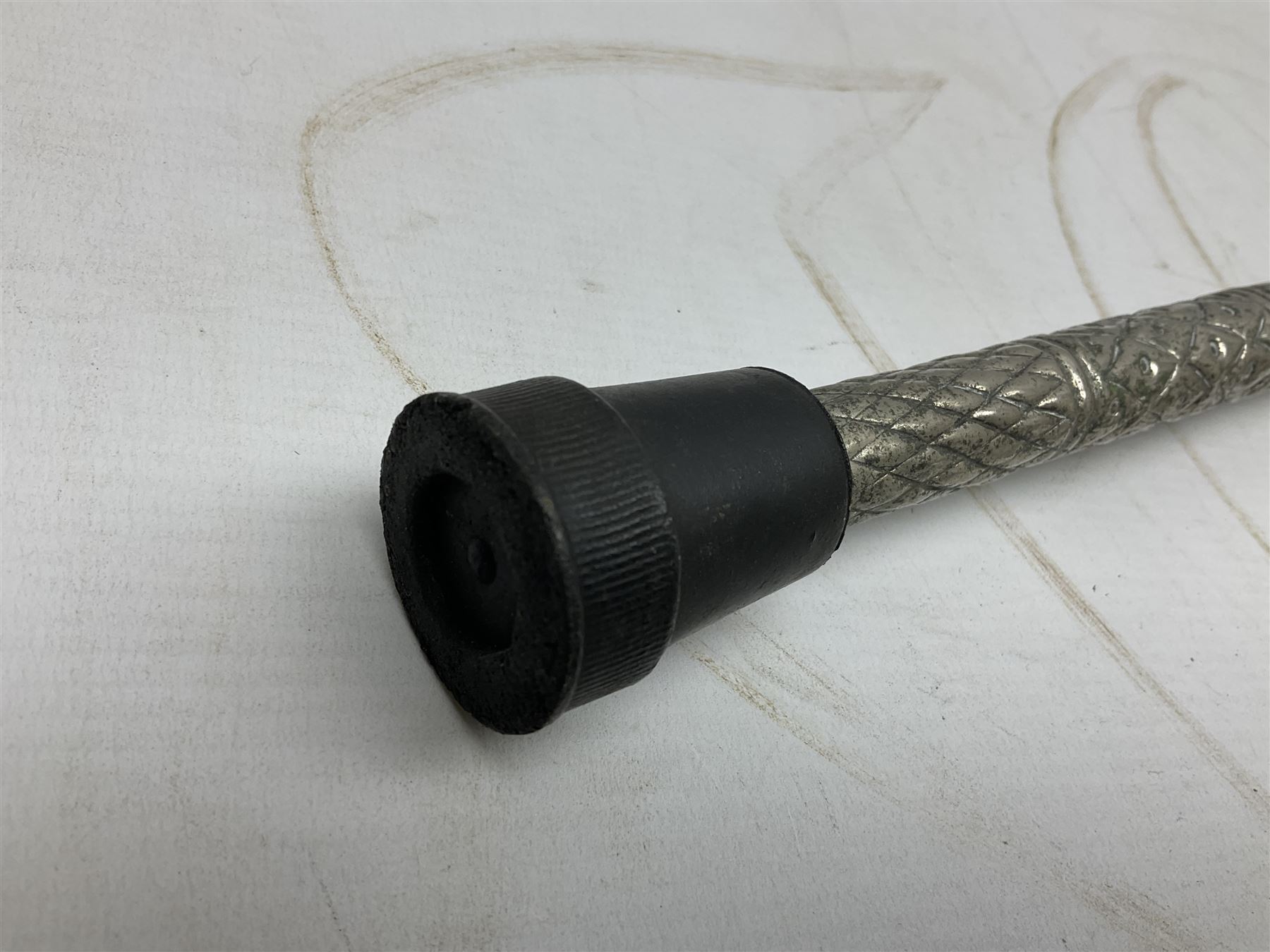 Reproduction non-firing flintlock pistol with brass skull crusher butt, the lock-plate inscribed 'Tower' and 'GR' L40cm; Sabre Japan Original Bowie Knife in sheath; and Indian embossed nickel two-piece walking cane (3)