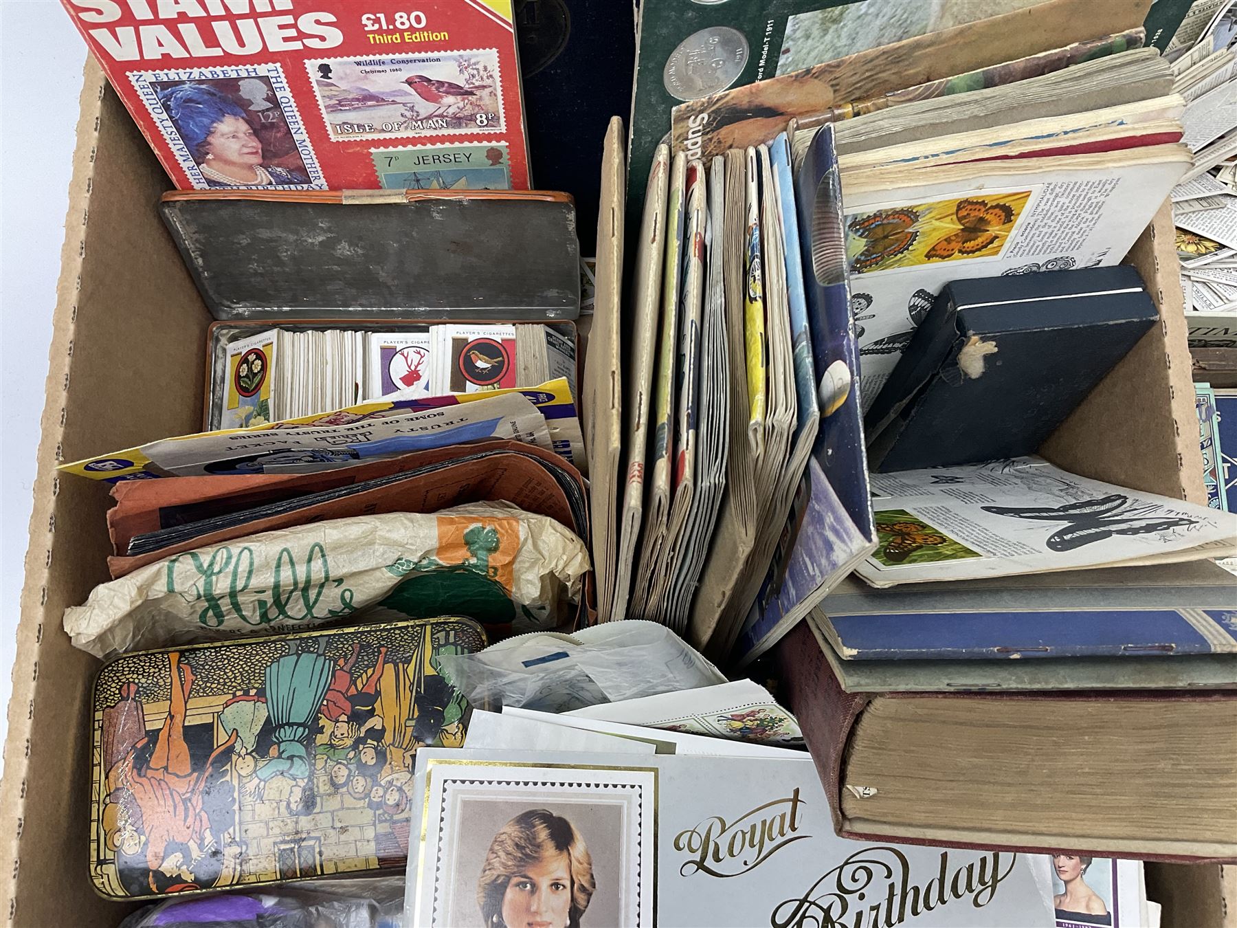 Great British and World stamps, trade cards, ephemera and miscellaneous items, including small number of Queen Elizabeth II mint decimal stamps, Antigua, Ascension, Australia, Australia, Barbados, Basutoland, British Honduras, Canada, Great Britain King George V used seahorses etc, in one box