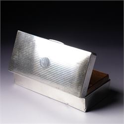 Silver rectangular cigarette box with engine turned cover engraved with initials and presentation inscription W19cm London 1921 Maker Charles & Richard Comyns