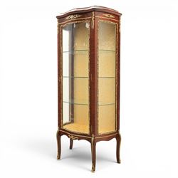 French Louis XV design display vitrine cabinet, Kingswood with gilt mounted detailing, damask fabric interior with three glass shelves, raised on cabriole supports