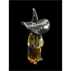 Murano glass cat and figure ina hat, together with tow valletta glass paperweights and bird glass paperweight, cat H20cm 