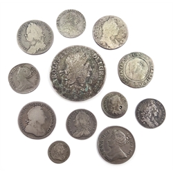  Collection of hammered and early milled coinage Elizabeth I hammered sixpence, Charles II crown and threepence, William III shilling and sixpence, Anne post union shilling 1709 and sixpence 1711, George I shilling 1720 and silver twopence 1721, George II shilling 1758 and sixpence 1757 and a George III 1787 sixpence (11)  
