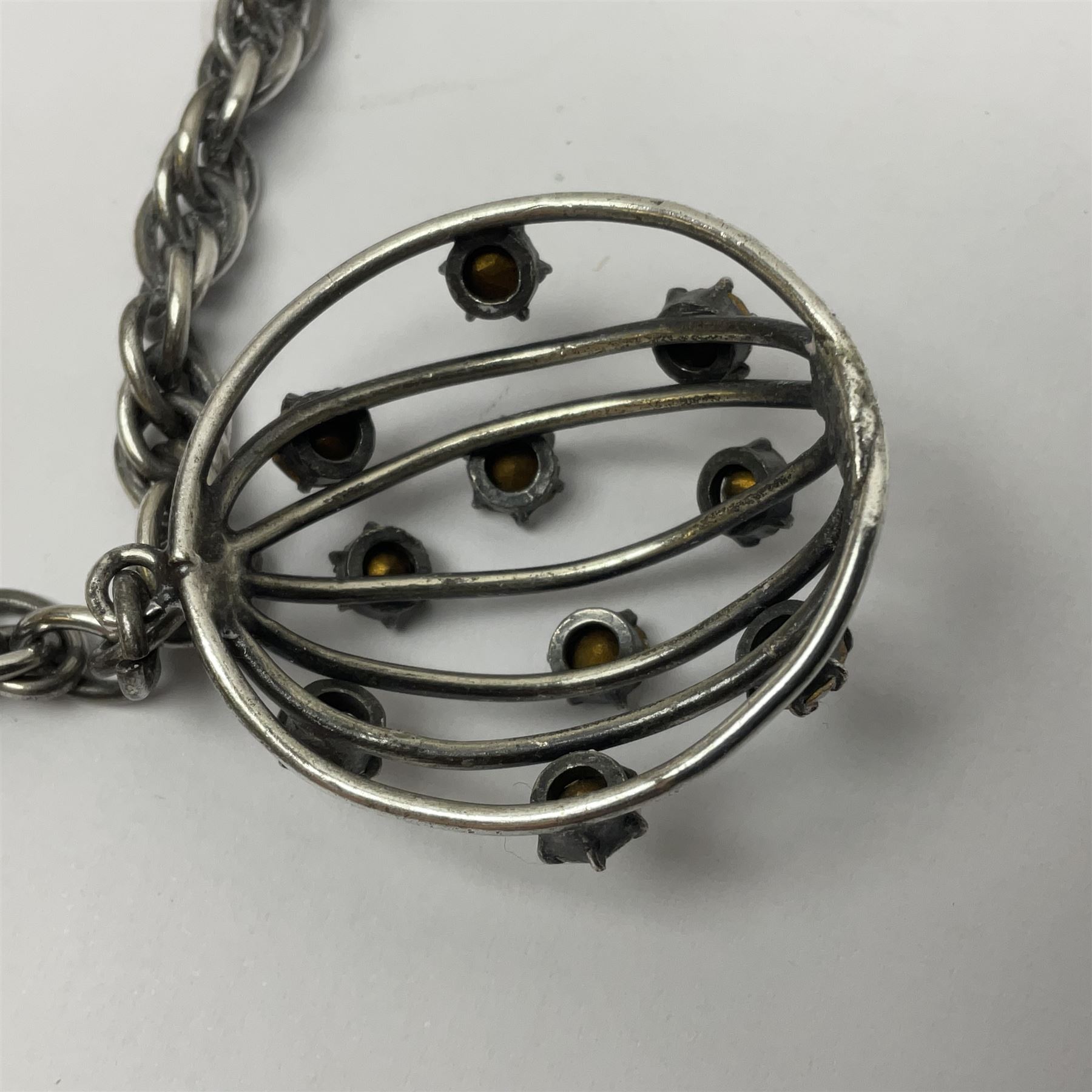 Joseff of Hollywood, circa 1950s metal and white paste necklace, with three graduated pendant drops set with white paste, to a Prince of Wales chain, signed with round script tag