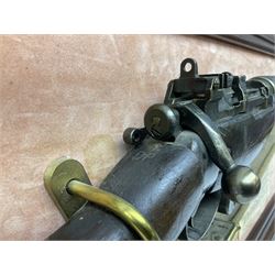 WW2 Lee Enfield No.4 Mk.1 .303 bolt-action rifle with hinged butt compartment, made by SA Ltd., Long Branch, Canada 1942, serial no.5L0646 L113cm; mounted on a framed display board with No.4 Mk.II spike bayonet, No.9 Mk.1 blade bayonet, two inert 5-round clips and brass biographical plaque by Antler Military Originals detailing DA Cert No.C3444 OLD STYLE DEACTIVATION SO FIREARMS CERTIFICATE REQUIRED OR RFD