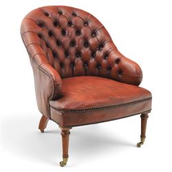Victorian style oxblood leather armchair, deep button upholstered back and sides with roll...