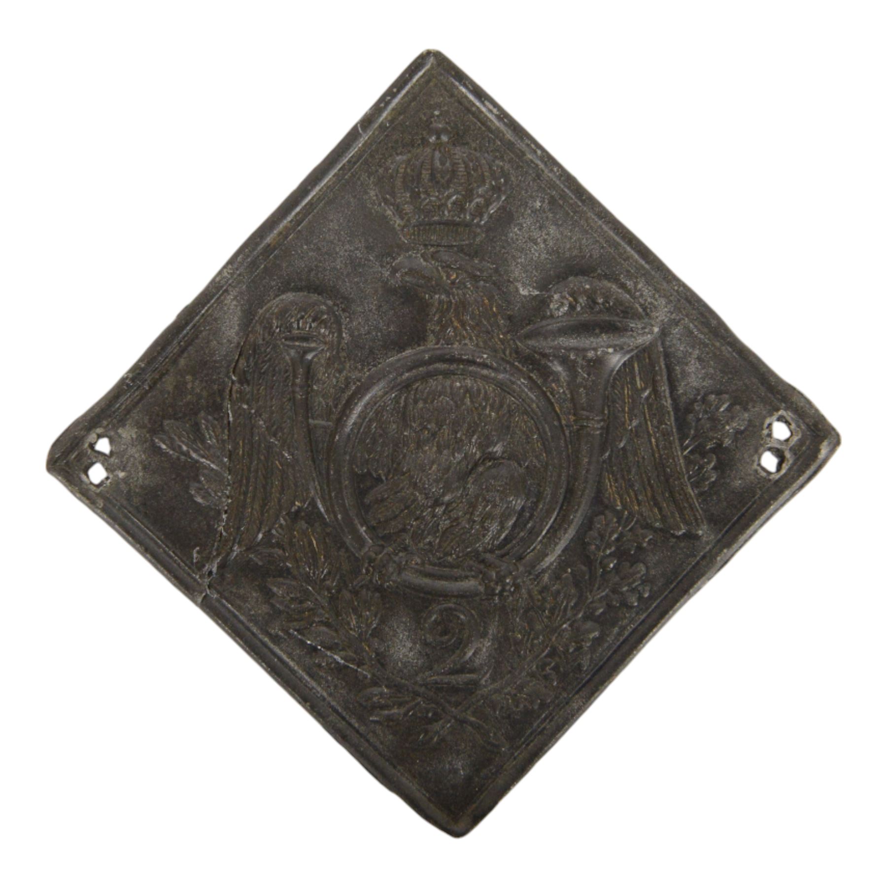 Napoleonic French 1804 Shako plate, 2nd Chasseurs,  the diamond plate with crowned Imperial eagle to the centre, H10cm 