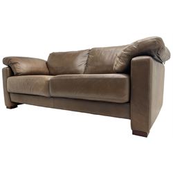 Heals - contemporary two seat 'Palermo' sofa, upholstered in chocolate brown leather, raised on wooden block feet