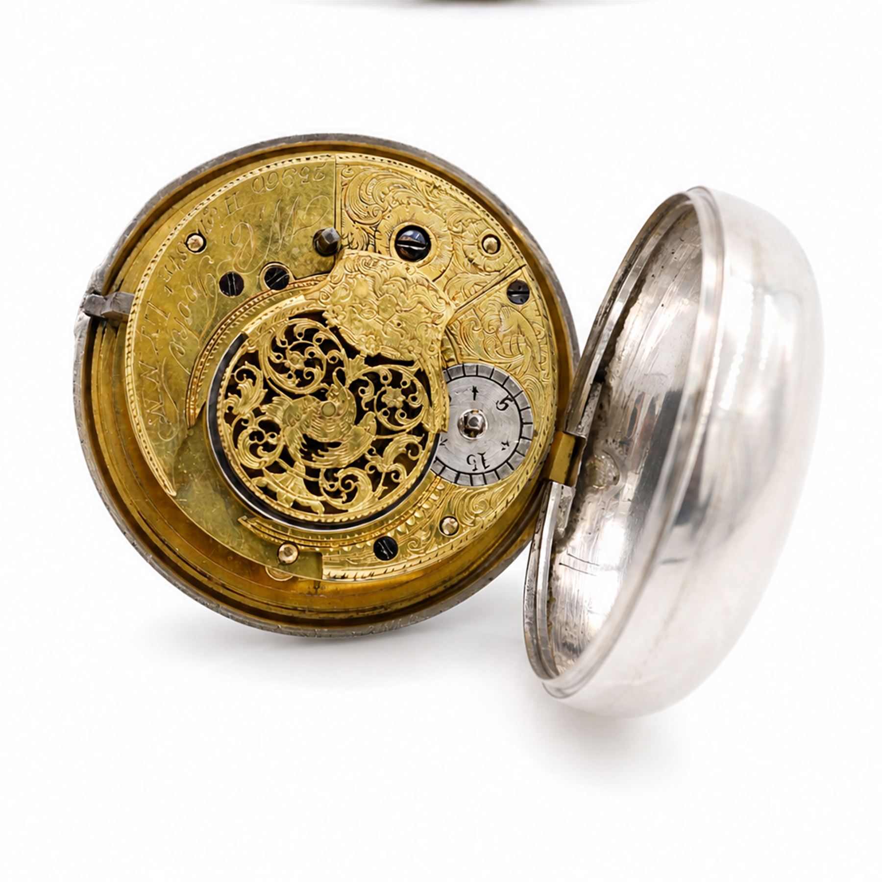 George III silver pair case verge fusee pocket watch by W.C. Tooke, Lynn, No. 23960, pierced and engraved balance cock decorated with a mask, enamel polychrome dial depicting rope makers and personalised 'John Withers' hour markers, case by William Linsley, London 1814