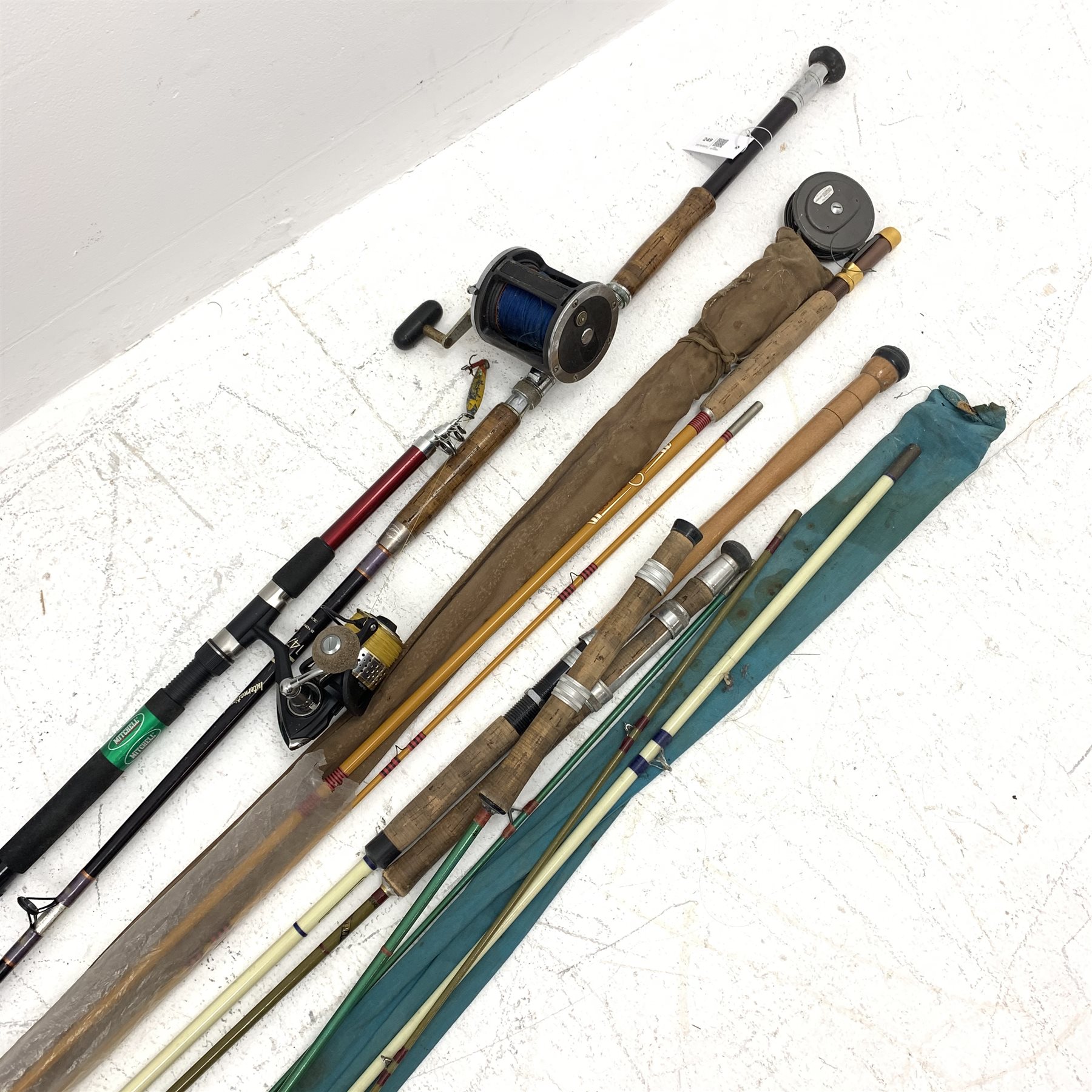 Fishing tackle including Mitchell telescopic rod with 'Absolut S4' reel,  various other fishing rods and reels, 'the “WEY” Mark I' reel, various  hooks etc. - Decorative Antiques & Collectors Sale