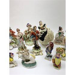 A group of various Continental figures, to include examples marked Dresden and Capodimonte, plus others with spurious blue cross marks beneath. (14). 