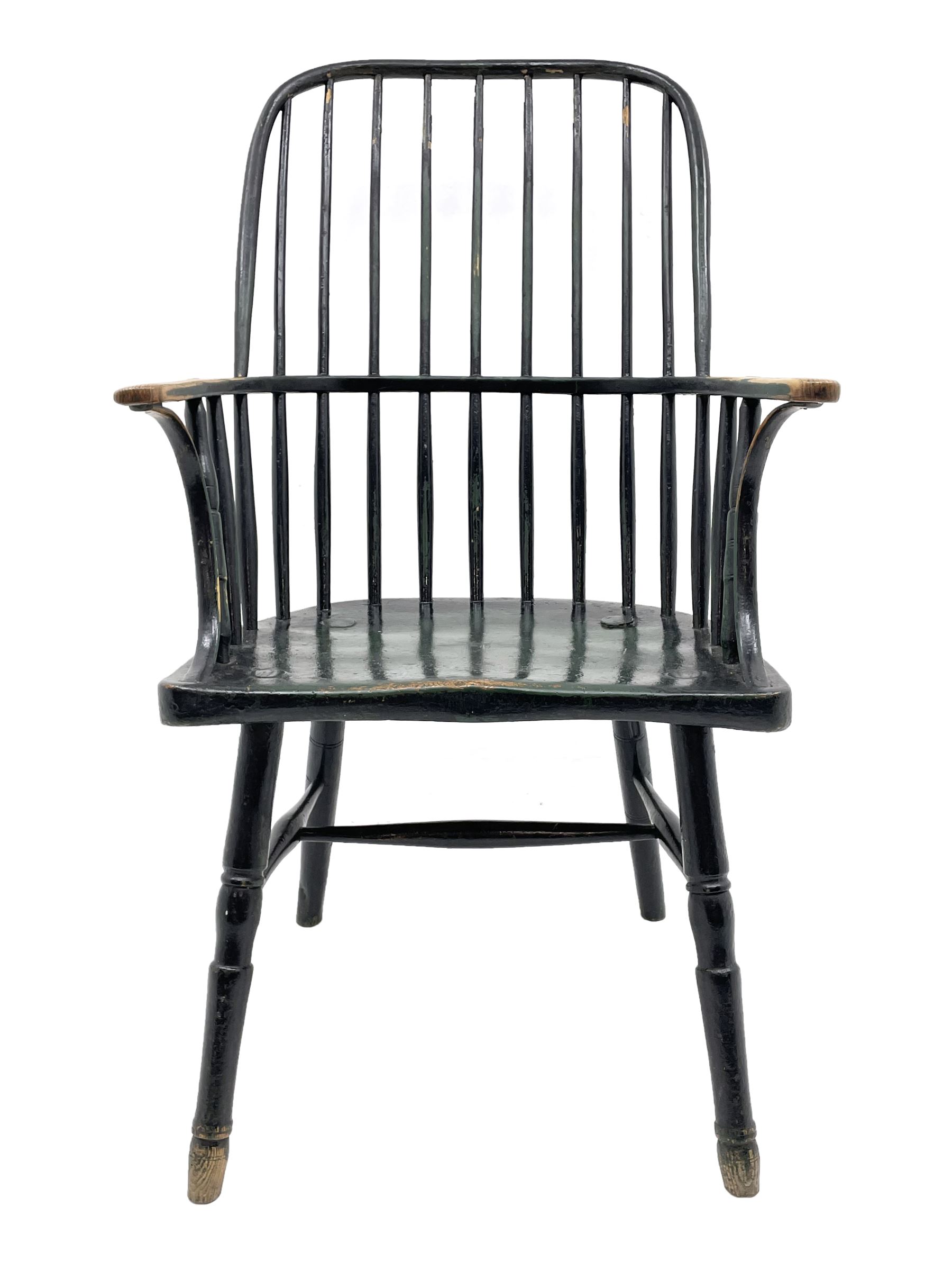 18th century West Country ash and elm Windsor armchair, high hoop and stick back, turned supports with H stretcher, green paint finish