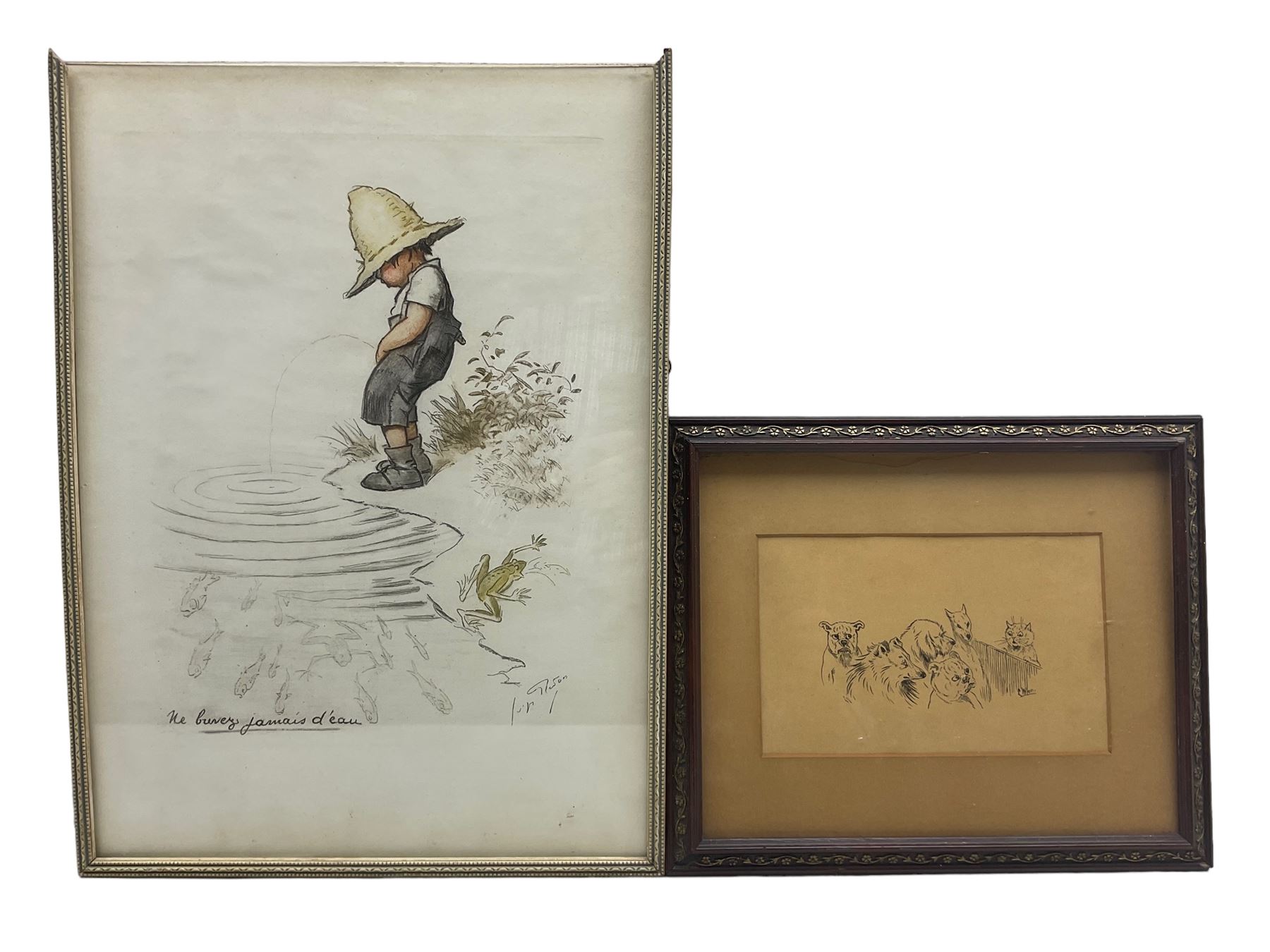 Attrib. Edward Dayes (British 1763-1804): 'An Essex Byway', watercolour titled and attributed on the mount 17cm x 27cm; After Georges Redon (French 1869-1943): 'Ne Buvez Jamais D'eau' - 'Never Drink Water', lithograph from the 'Naughty Children' series 44cm x 31cm; together with a Louis Wain print 12cm x 20cm (3)