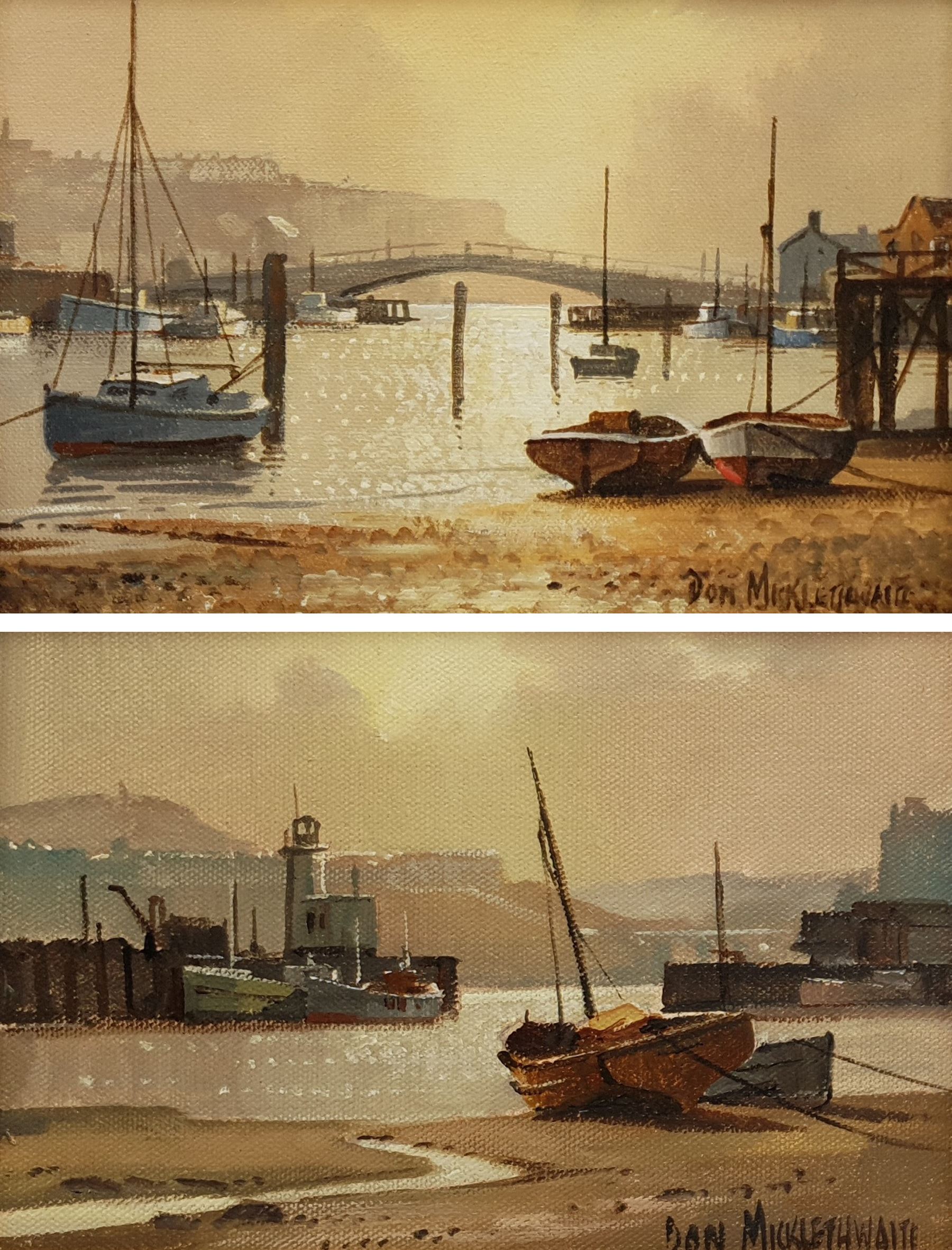 Don Micklethwaite (British 1936-): Scarborough and Whitby Harbours, pair oils on board signed 13cm x 19cm (2)