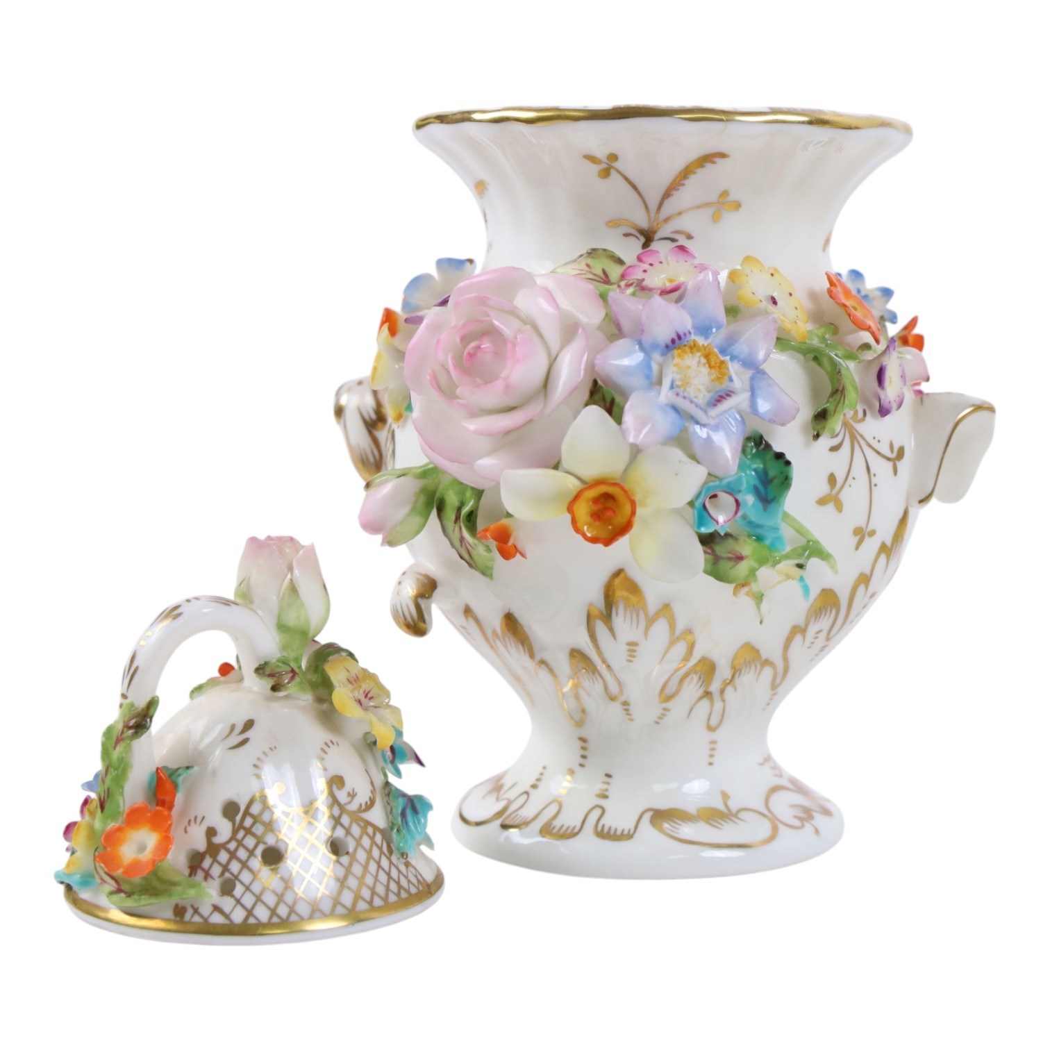 Collection of Coalport items, comprising floral mantel clock, houses including 'Park Lodge' 'The Umbrella House' 'Keepers Cottage', Coalbrookdale floral jar, and others; Kingmaker mouse ornament; Egyptian-style granite Bastet cat ornament, in one box