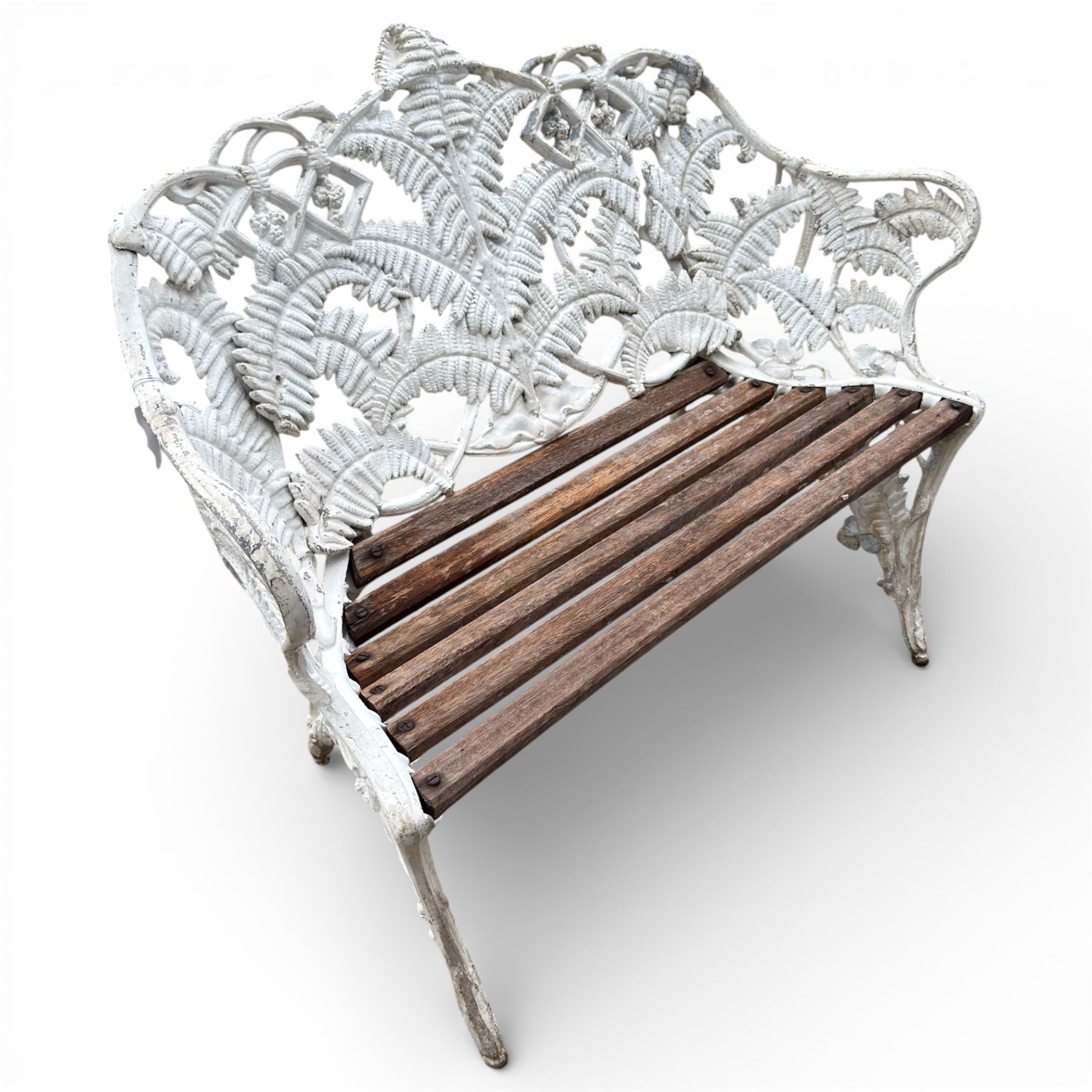 Coalbrookdale design white painted aluminium 'Fern' bench with slatted seat