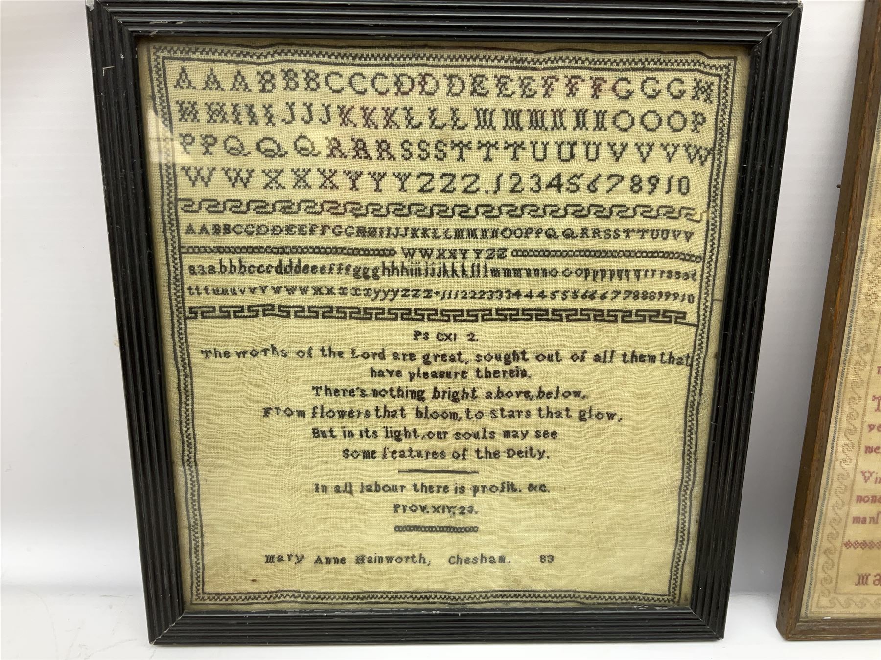 Late 18th century sampler worked with the alphabet above verses in red, by Mary Birkett aged 10 November 16th 1792, H33.5cm W34.5cm, together with another sampler worked with the alphabet above Proverbs 14:23, by Mary Anne Hainworth, Chesham, date unknown (--83), both in glazed frames, together with a quantity of Victorian and later dolls clothes to include lace examples