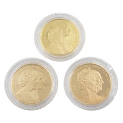 Queen Elizabeth II 'The Platinum Wedding Historic Gold Proof Set', comprising three 22ct gold five pound coins dated 1997, 2007 and 2017, cased with certificate