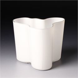 Alvar Aalto (Finnish 1898-1976) for Iittala: Set of three white glass vases, marked Alvar Aalto to base, largest H16cm (3)
