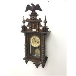 Late 19th century Vienna style wall clock, walnut, beech and ebonised case, twin train movement striking on coil, H85cm (with pendulum)