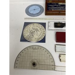 Brass 360 precision drafting protractor by Chadburn bros, in mahogany case, A G Thornton Drawing instruments in a mahogany case, together with P.I.C slide ruler, Nautical protractors etc 