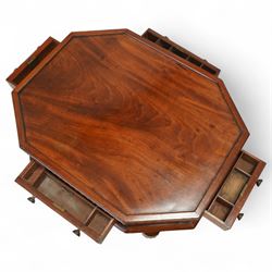 William IV mahogany work table, the octagonal top with ebony line inlay and dentil moulded edge, fitted with four small drawers to the frieze, above a silk-pleated sliding work basket, all raised on a turned column supports and shaped platform base with rounded feet, circa 1835