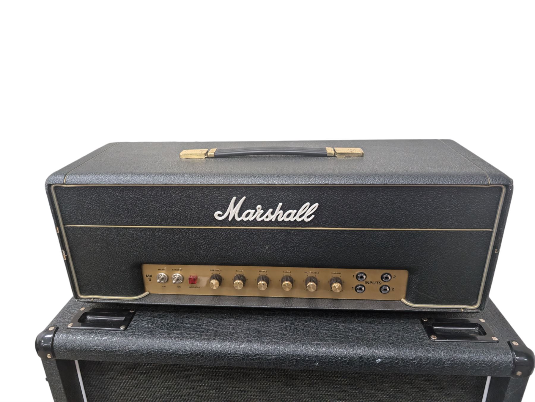 Marshall 1987X 50 watt plexi guitar amplifier head with master volume modification (screwdriver control on back), together with a Marshall 1960 4 x 12 speaker cabinet on casters, head H25cm, W65cm, cab H83cm, W76cm