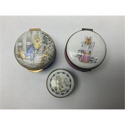 Five Royal Doulton Beatrix Potter figures, comprising Poppy Eyebright, Clover, Lord Woodmouse, Mr Apple and Dusty Dogwood, together with Beswick Appley Dapply figure and three Crummles Beatrix Potter enamel pill boxes