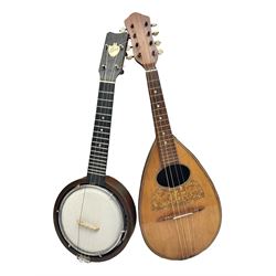 W.D. Keech banjolele pat.219720/23 with etched signature to the back; serial no.A12082 L55cm; and a restored Italian mandolin with segmented lute back; together with three music books