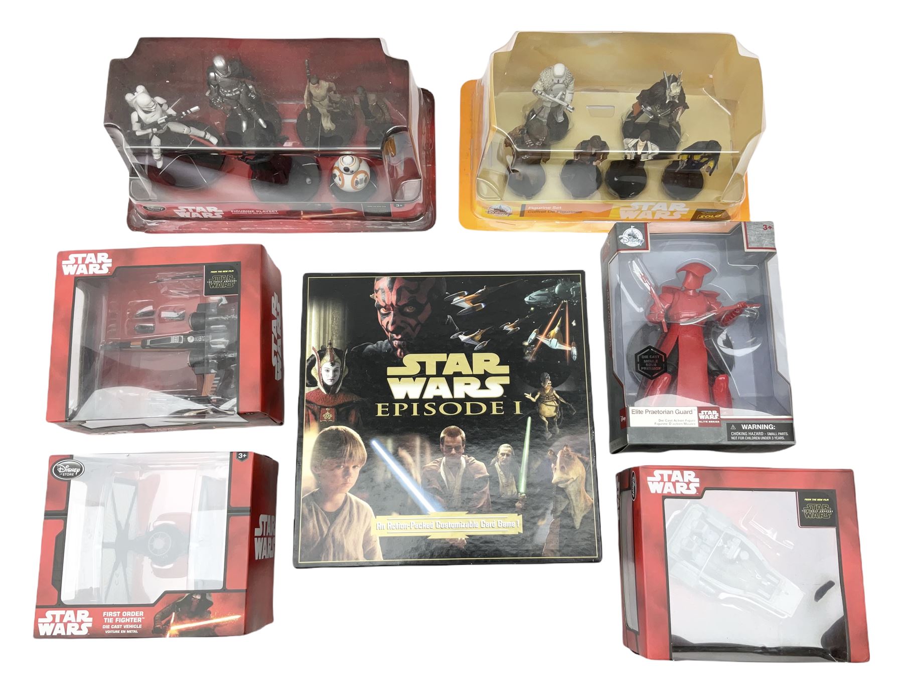 Star Wars - Disney Store The Force Awakens figurine playset, Poe's X-Wing Fighter, Snowspeeder and First Order Tie Fighter; Solo figurine set; The Last Jedi Elite Series die-cast action figure of Praetorian Guard; all mint and boxed; together with Star Wars Episode 1 card game, boxed (7)