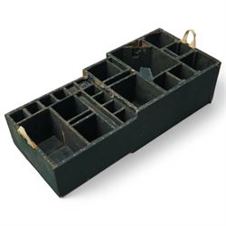 Early 19th century teak and brass bound silver campaign chest, fitted with brass L-shaped brackets and heavy weight carrying handles, the hinged lid enclosing two removeable trays with divisions and lined in blue baize, fitted with two 'R. Cooper & Son' brass locks