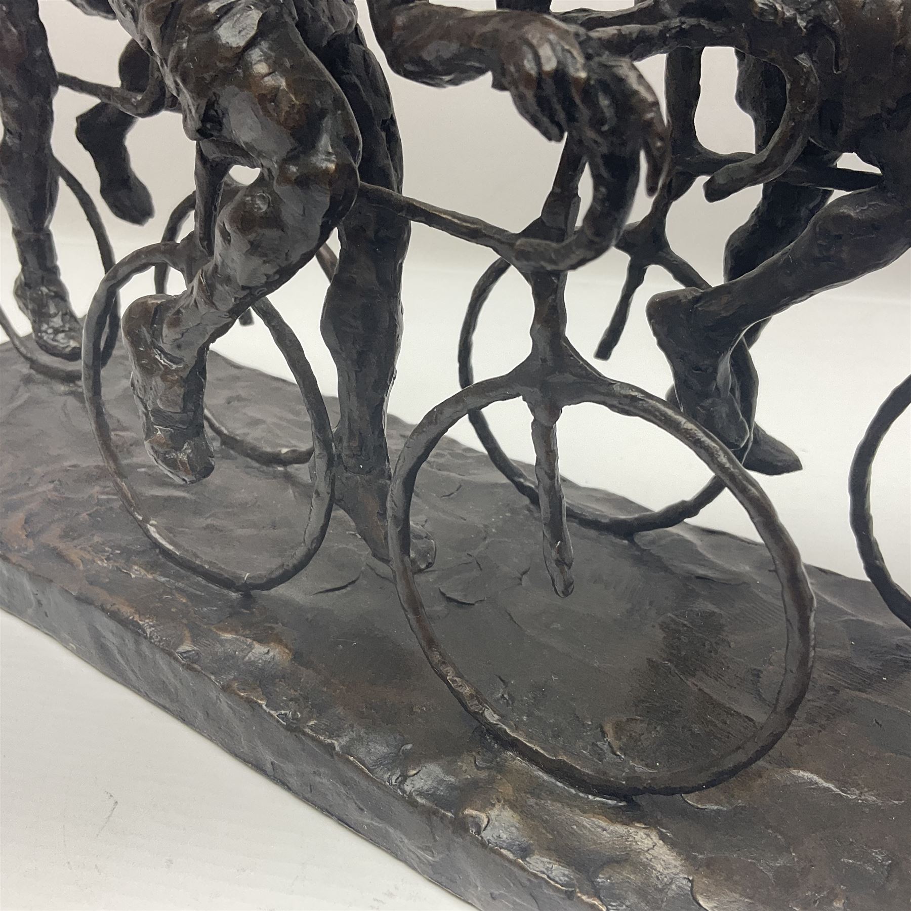Grant Palmer; Wheels On Fire, limited edition bronze of cyclists, H21cm